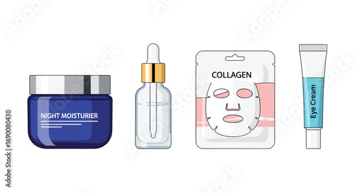 Discover radiant skin with this collection of premium night moisturizer serum collagen mask and eye cream, Generative AI.