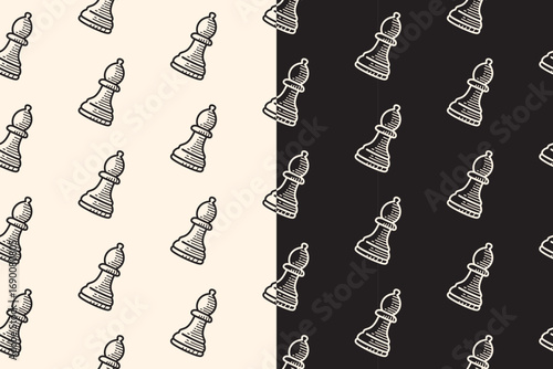 Chess bishop engraving seamless pattern on black beige background. Bishop chess piece hand drawn doodle pattern background. Bishop chess figure hatching motif wallpaper. Chessboard game merchandise