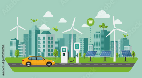 Vector design of green technology, electric car charging, renewable energy and smart city
