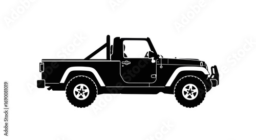 Black silhouette vector of a rugged off-road single cab pickup truck with a roll bar.