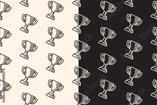 Trophy cups engraving seamless pattern on black beige background. Winner cup game hand drawn doodle pattern background. Award trophy figure hatching motif wallpaper. Championship game merchandise