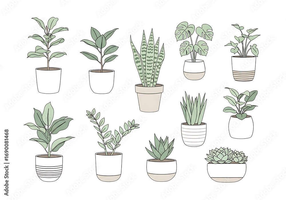 Fototapeta premium Collection of hand drawn potted houseplants and succulents isolated on a solid backdrop transparent background