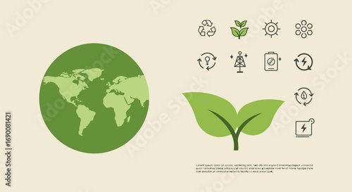 Minimalist eco vector design with leaves, green earth, and sustainability icons in modern flat style