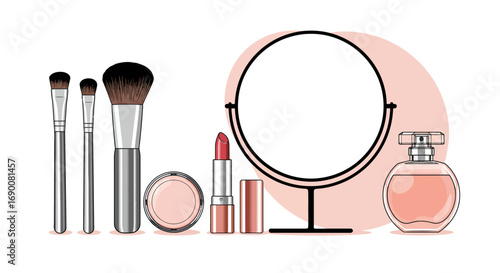 Modern vector illustration of cosmetic items, makeup brushes, lipstick, perfume and mirror