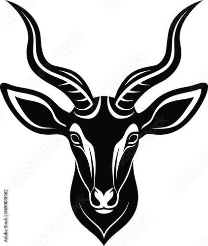 Vector art of stylized black and white graphic of an antelopes head with large, curved horns, isolated on a, conveying elegance and wild beauty