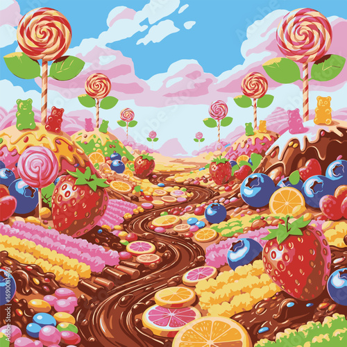 Whimsical candy landscape with lollipops, gummy bears, chocolate river and strawberries, patern seamless, Stock royalty free.