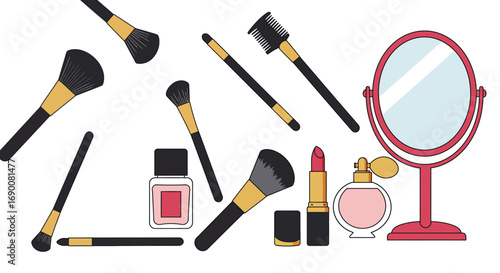 Modern vector illustration of cosmetic items, makeup brushes, lipstick, perfume and mirror