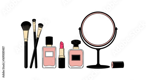 Modern vector illustration of cosmetic items, makeup brushes, lipstick, perfume and mirror
