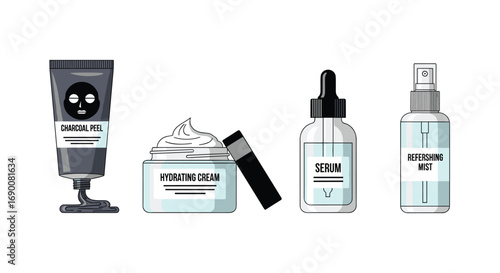 Discover radiant skin with charcoal peel hydrating cream serum and refreshing mist collection, Generative AI.