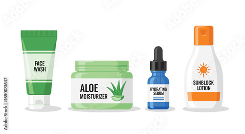 Essential skincare collection featuring face wash aloe moisturizer serum and sunblock lotion, Generative AI.