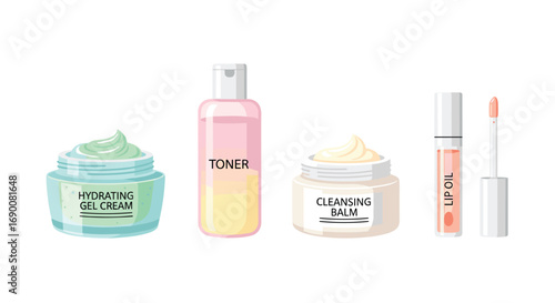 Discover your perfect skincare routine with hydrating gel cream toner cleansing balm and lip oil, Generative AI.