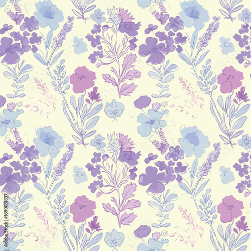 Whimsical floral pattern with pastel hues and delicate watercolor style design, seamless pattern, Stock royalty.