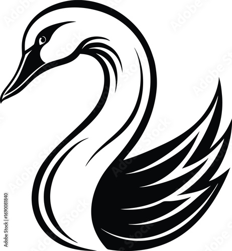 Vector art of elegant black and white silhouette of a swans head and neck, isolated on a, showcasing a graceful curve and minimalist artistic style