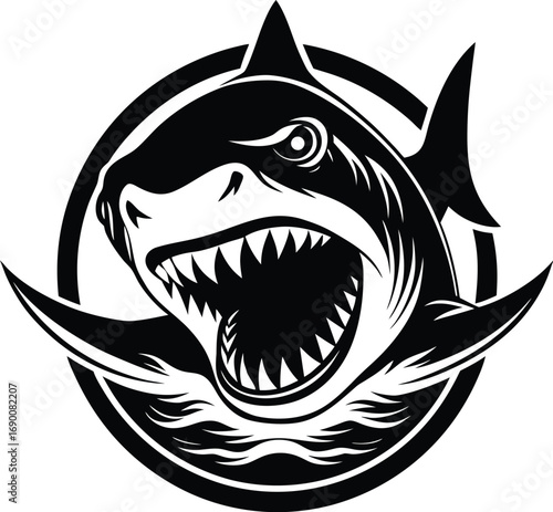Vector art of a dynamic black and white illustration of a sharks head with its jaws agape and sharp teeth bared, depicted within a circular frame with water elements, isolated on a