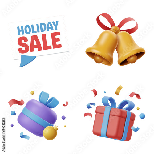 3D Holiday Sale Icons with Gift Boxes, Coupon, and Confetti