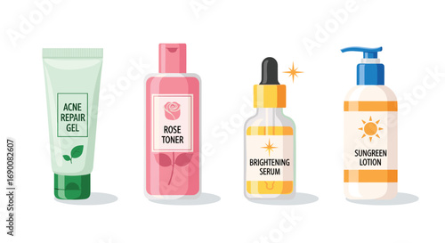 Achieve flawless skin with this essential skincare collection featuring acne repair rose toner brightening serum and sunscreen, Generative AI.