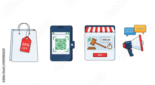 Smart shopping deals digital payments online auctions and promotional announcements for modern business growth, Generative AI.
