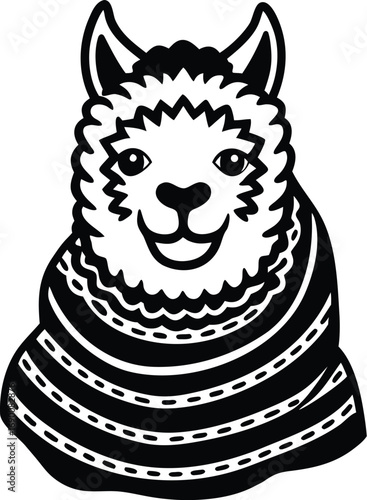 Vector art of cute alpaca wearing a patterned blanket, stylized black and white illustration, friendly expression, suitable for childrens themes or south american culture
