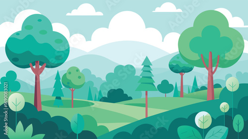 Serene Cartoon Landscape Green Trees, Rolling Hills, and Cloudy Sky Art