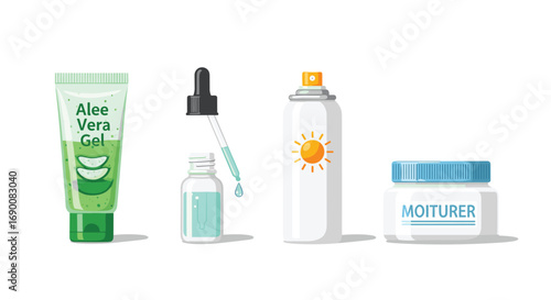 Essential skincare collection featuring aloe vera gel serum spray and moisturizer for radiant healthy skin, Generative AI.