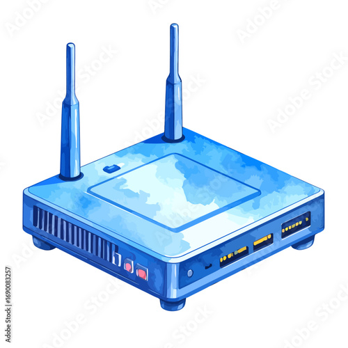 Blue Mini Computer with Antennas and Ports.