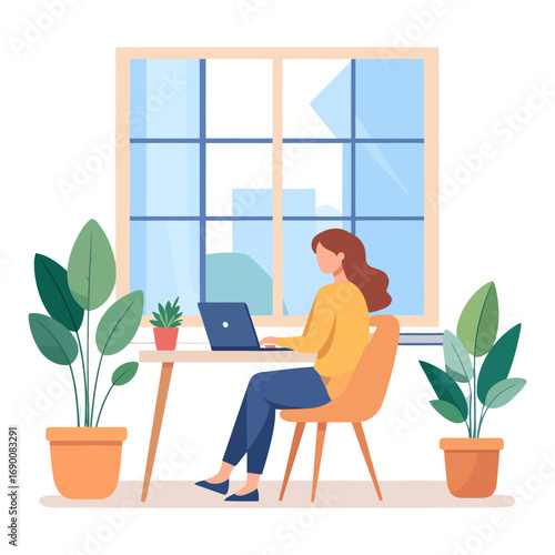 Woman working on laptop at home office.