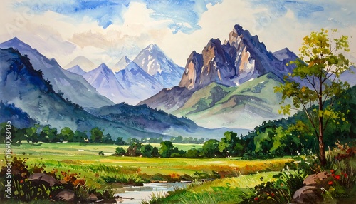 Serene Mountain Landscape with Stream and Wildflowers