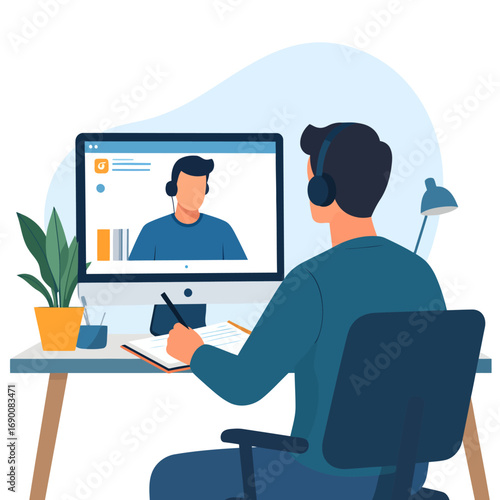 Man attending online meeting with headphones and taking notes at desk.