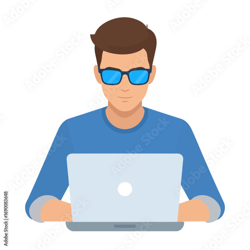Man with Laptop - Focused on Technology and Work, Wearing Blue Glasses.
