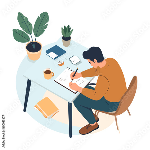 Man writing on paper at desk with plants and coffee.