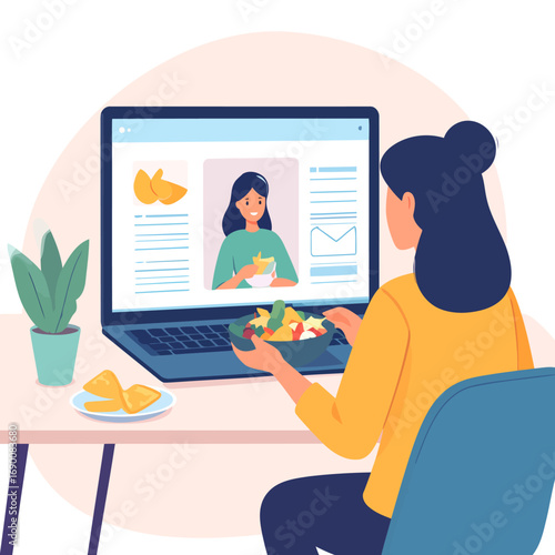 Woman enjoying online nutrition consultation while eating a healthy salad.
