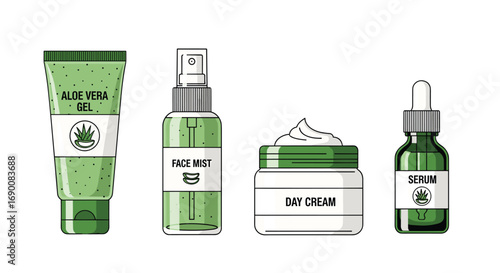 Discover radiant skin with this curated collection of natural skincare essentials including aloe vera gel face mist day cream and serum for a healthy glow, Generative AI.