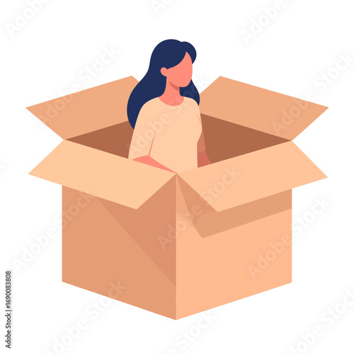 Woman Inside Cardboard Box, Limited Perspective, Mental State, Imagination, Confinement.