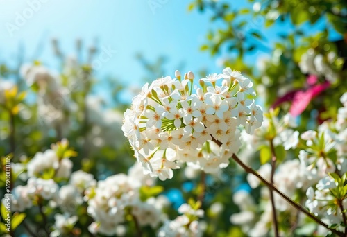 Serene white blossoms in lush garden, soft bokeh, bright blue sky,  plants,  botany