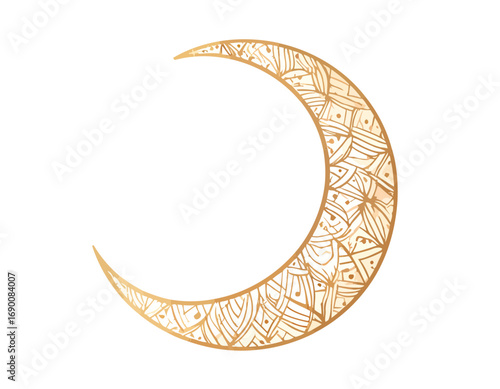 Golden crescent moon with intricate patterns and designs, celestial art.
