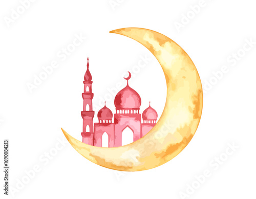 islamic mosque and crescent moon illustration.