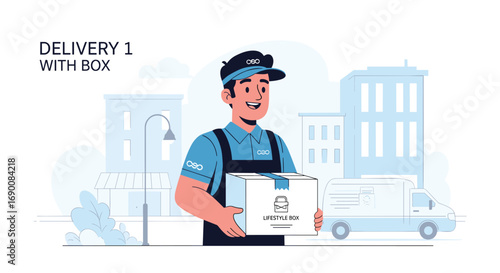 Friendly delivery man happily presents lifestyle box for modern urban shipping service, Generative AI.