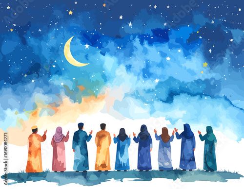 Diverse group of people in colorful attire observing the night sky.