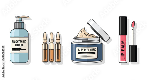Discover radiant skin with brightening lotion potent ampoules purifying clay mask and luscious lip balm, Generative AI.