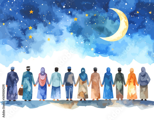 Diverse group of people holding hands under the night sky.