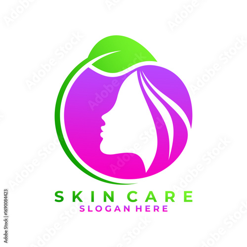 Nature Leaf with silhouette face woman logo design. Skin care cosmetics logo design template
