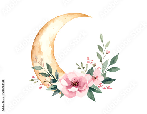 delicate crescent moon with floral arrangement.
