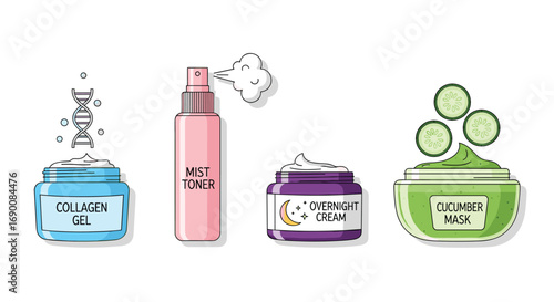 Unlock radiant skin with collagen gel refreshing mist toner overnight cream and cucumber mask, Generative AI.