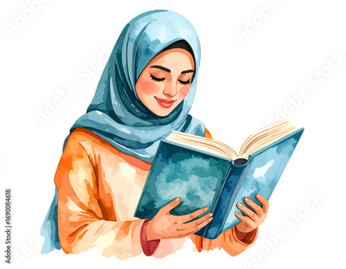 Watercolor illustration of a Muslim woman reading a book.