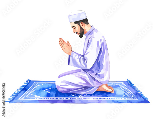 Muslim Man in Prayer Position on Prayer Mat.
