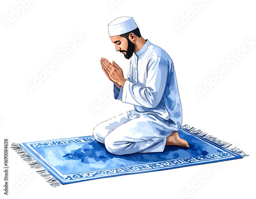 Muslim man praying on a prayer mat wearing traditional attire.