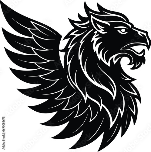 Vector art of a fierce black and white illustration of a griffins head and wing, isolated on a, symbolizing power and mythology