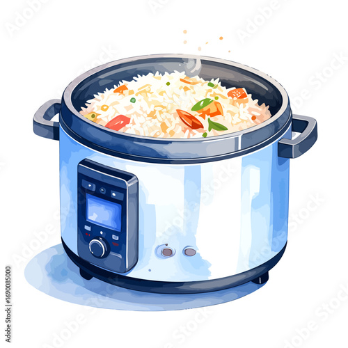 White electric multicooker with cooked rice and vegetables.