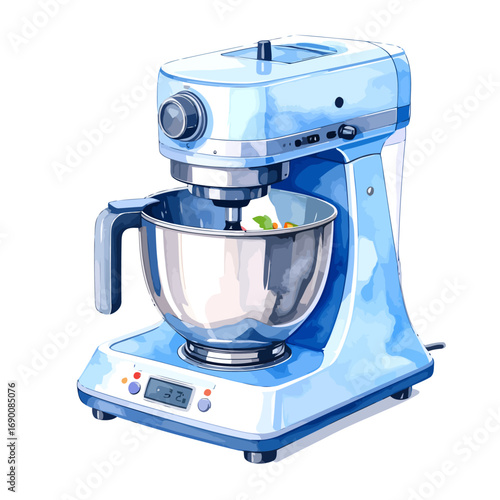 Blue Stand Mixer With Stainless Steel Bowl For Baking.