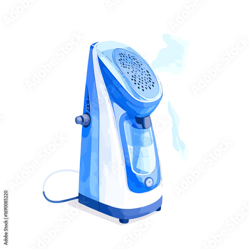 Modern blue and white humidifier with water tank and power cord.